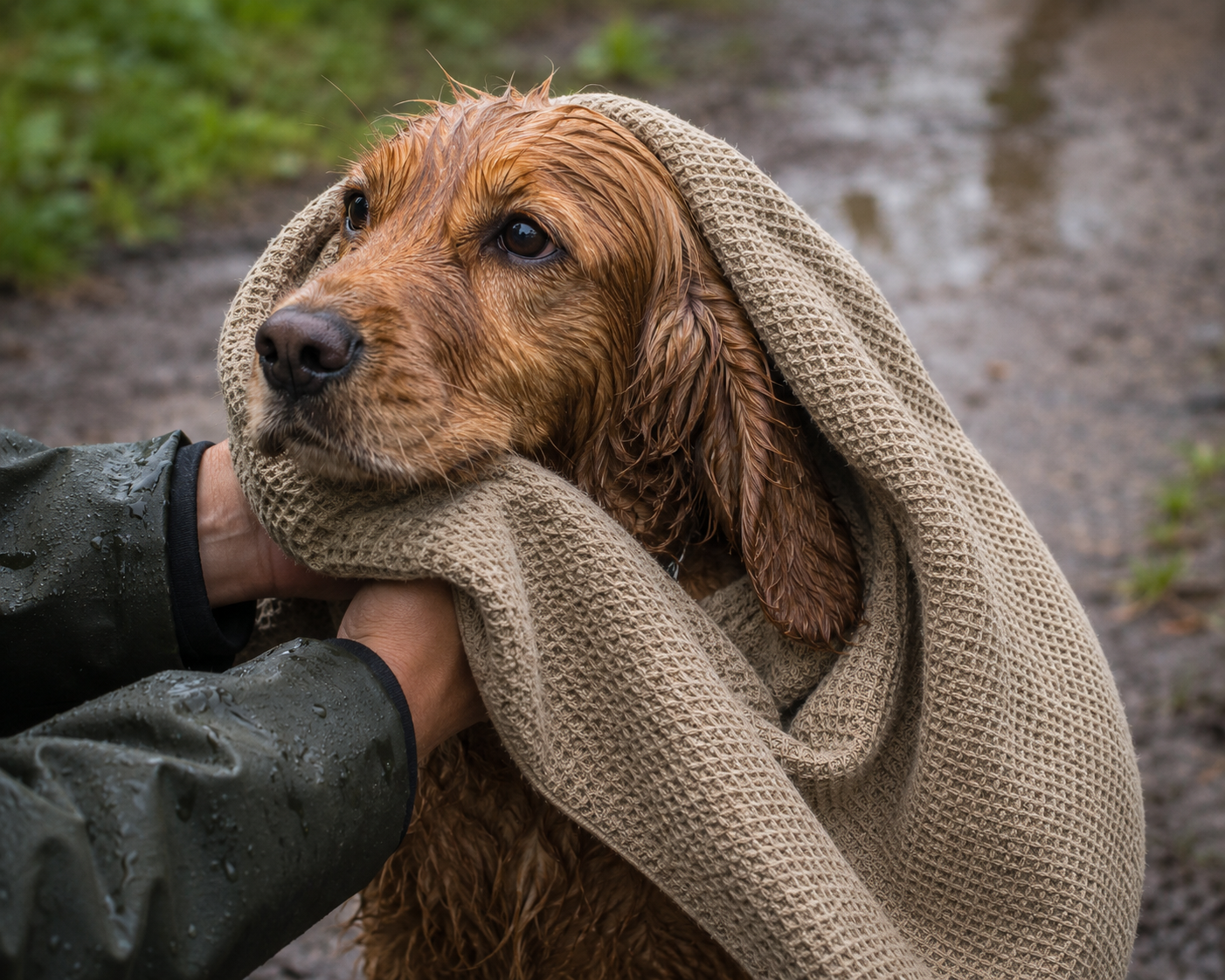 Wet dog being dried after a rainy walk with a natural hemp waffle dog towel. The textured waffle weave of the beige hemp fabric is clearly visible as it absorbs moisture from the dog's coat on a muddy countryside path.