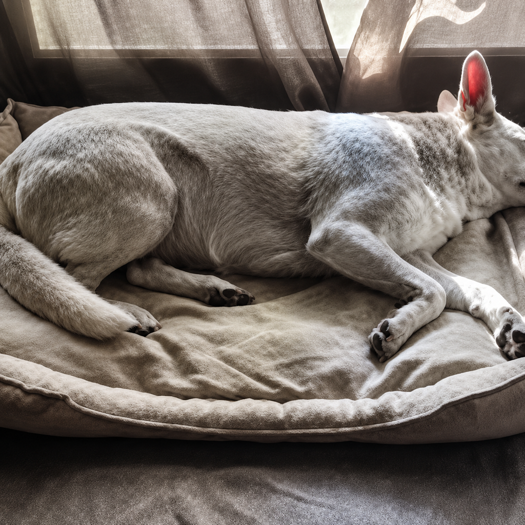Dog lying on a pet bed cushion in a cosy room with curtains