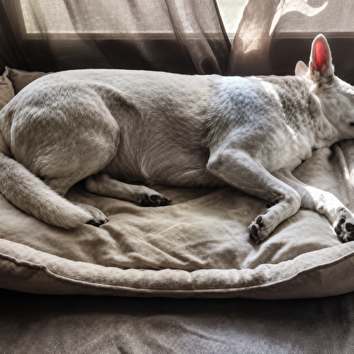 Dog lying on a pet bed cushion in a cosy room with curtains