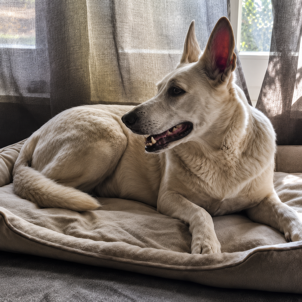 White German Shepherd sleeping on a large natural hemp and wool dog bed