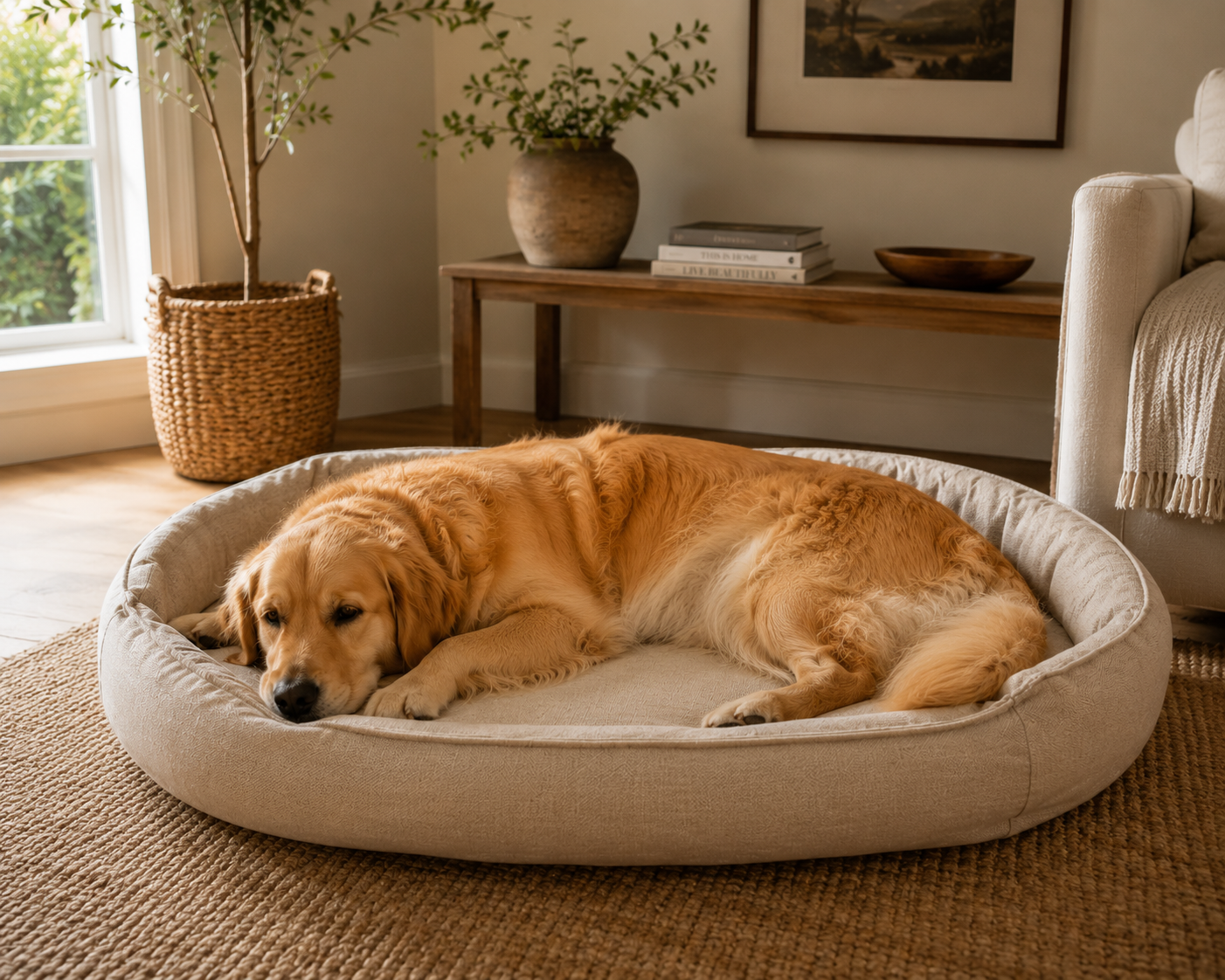 Dog lying on a round beige pet bed in a cozy living room. - Hemppetbeds.com