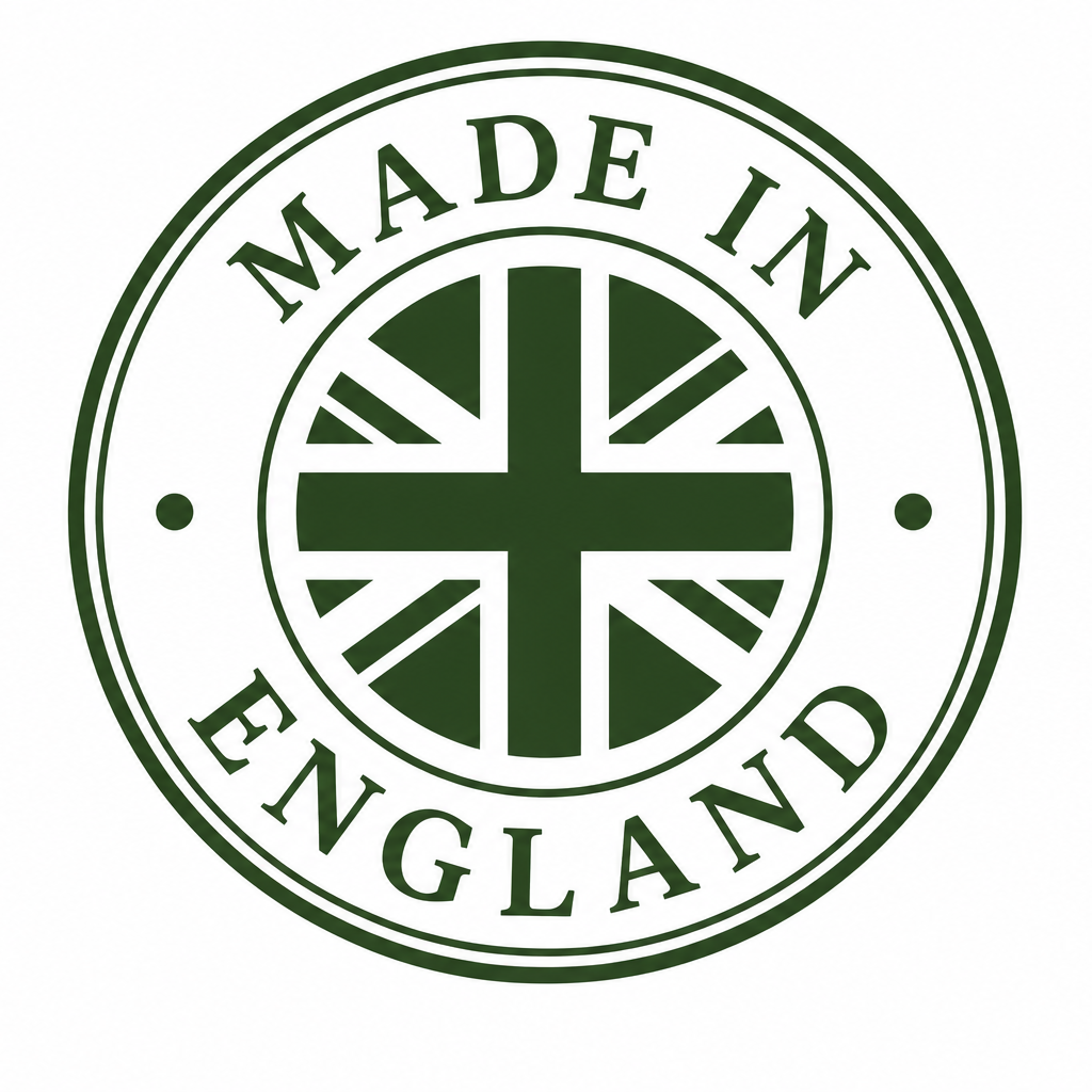 Green 'Made in England' stamp with Union Jack on a white background